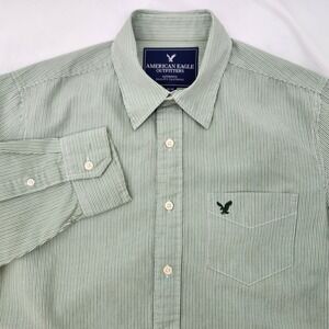 American Eagle Green Stripe Button Up Shirt Mens Medium Preppy Casual Weekend